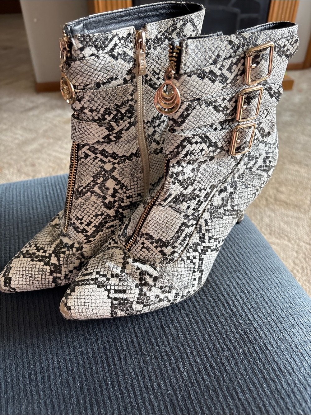 IDIFU White and Black Snake-Print Pointed Ankle Booties with Gold Buckles